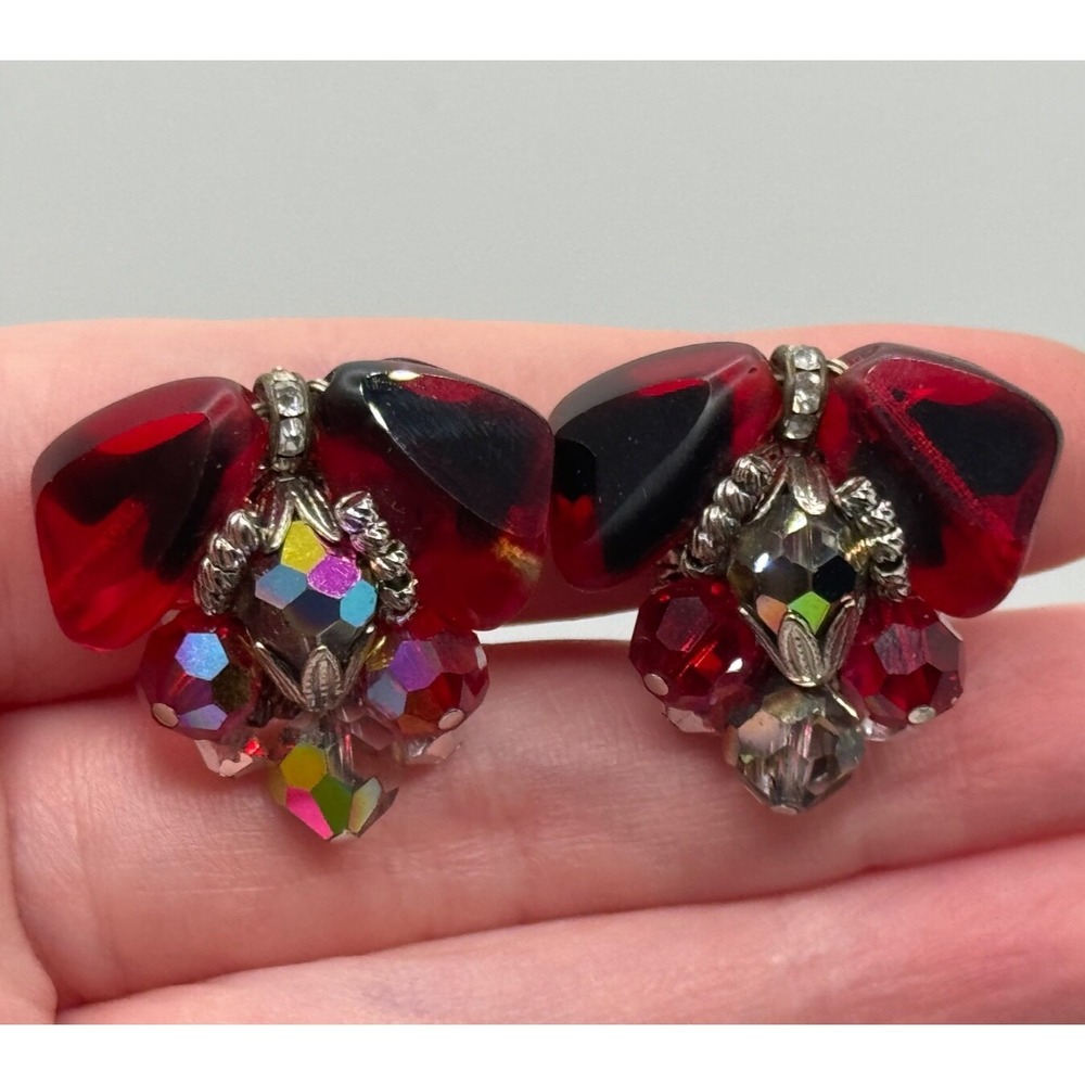 Vintage Vendome Signed AB Rhinestone Bead Red Givre‎ Silver Tone Clip Earrings